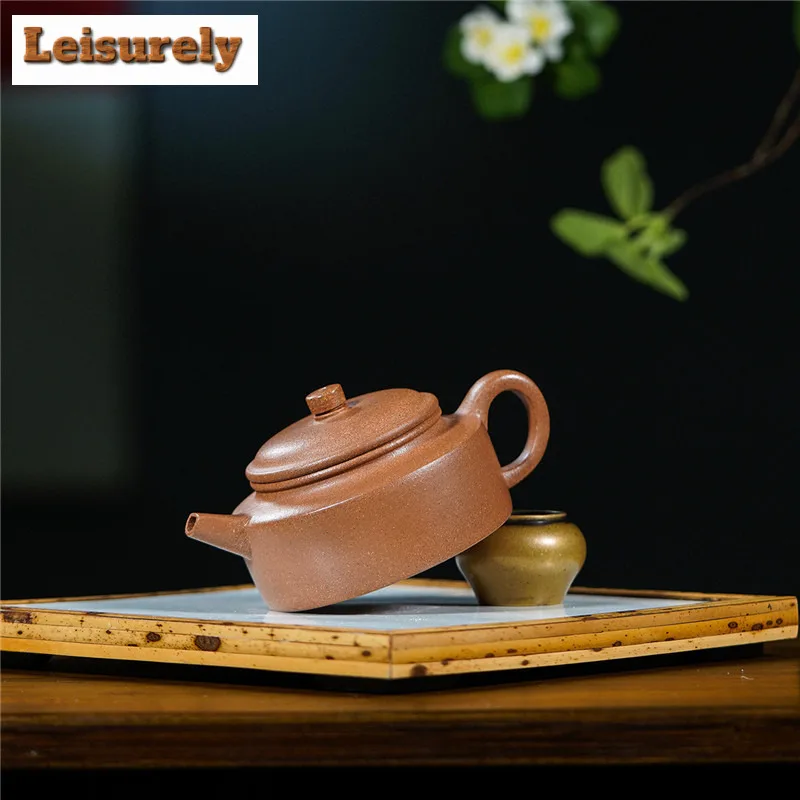 160ml Yixing Purple Clay Teapots Handmade Flat Dezhong Pot Raw Ore Gold Downhill Mud Tea Maker Kettle With Strainer Zisha Teaset