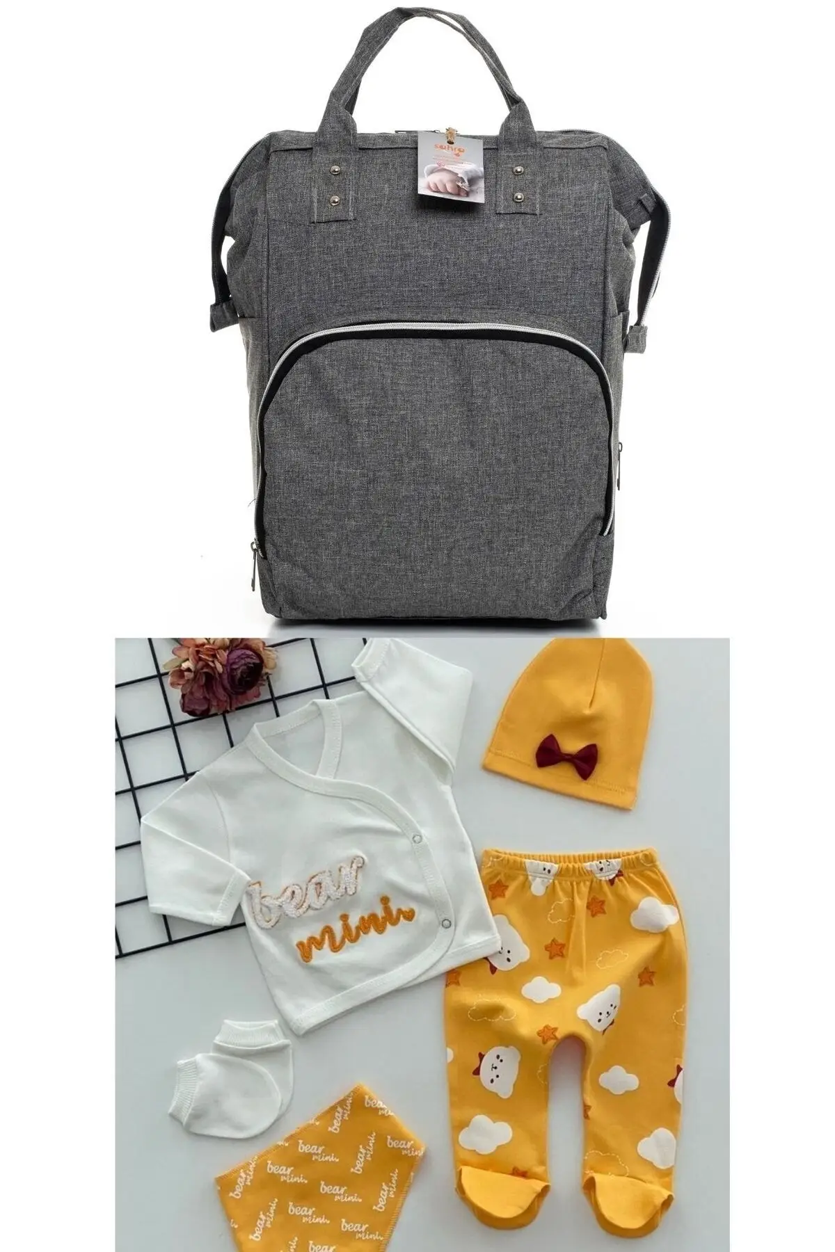 

2 Pieces 100% Cotton Hospital Outlet and Waterproof Stack-Free Functional Baby Care Backpack Set Gray