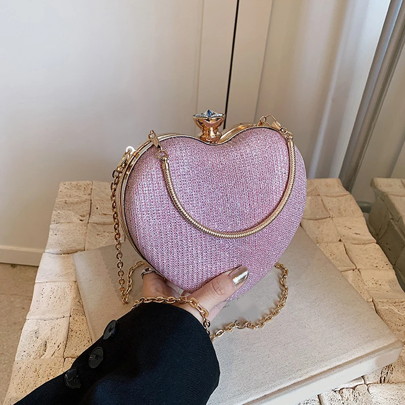 Cute Heart Handheld Bag Dinner Bag 2024 New Chain Fairy Bag Versatile Western Style One Shoulder Diagonal Cross Peach Heart Bag