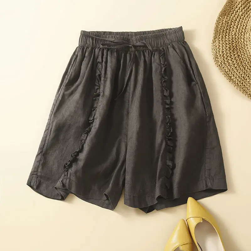 2022 Summer New Solid Color Aesthetic Casual Shorts Women Cotton Hemp Fungus Loose Wide-leg Pants Design Ethnic Style Trousers