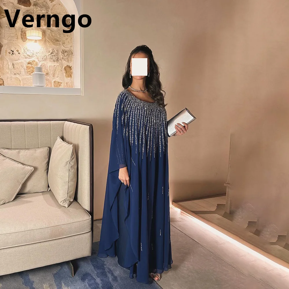 

Verngo Navy Blue Sequined Party Dress O Neck A Line Prom Gowns Chiffon Long Sleeves Formal Gowns For Women Saudi Arabic Outfit