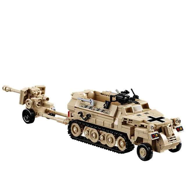 World War 2 WW2 Army Military Soldiers SWAT Half Tracked Armor Vehicle Trailer Assemble Building Blocks Bricks Children's Toys 3