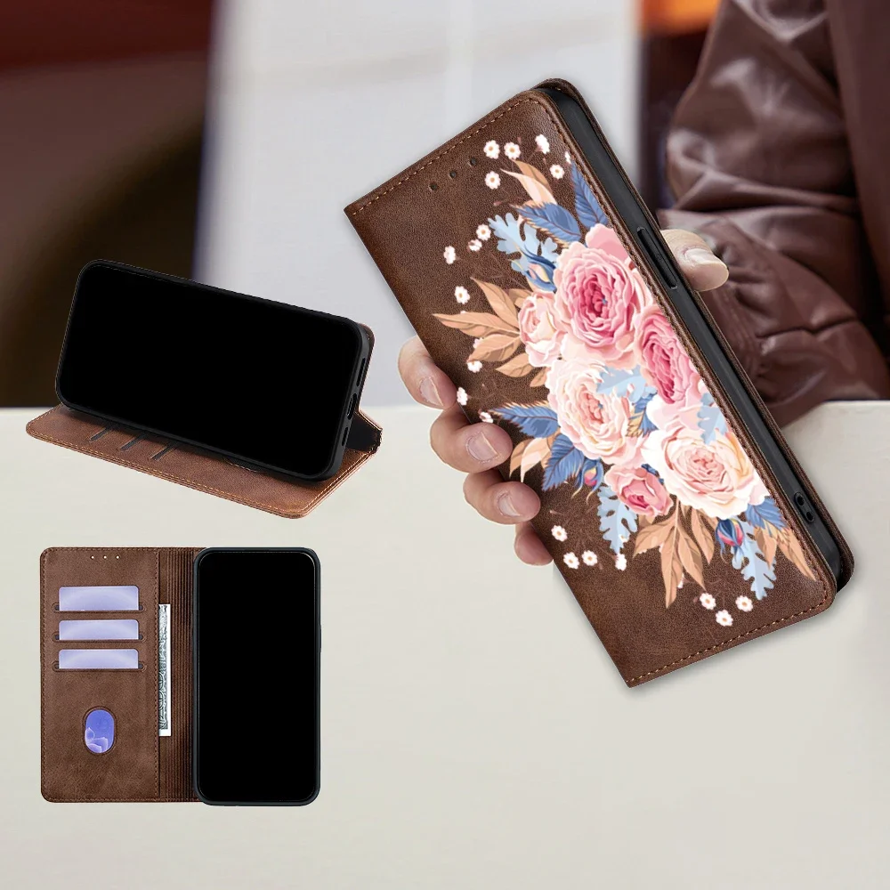 Floral Magnetic Leather Flip Wallet Case with Card Slots and Holster