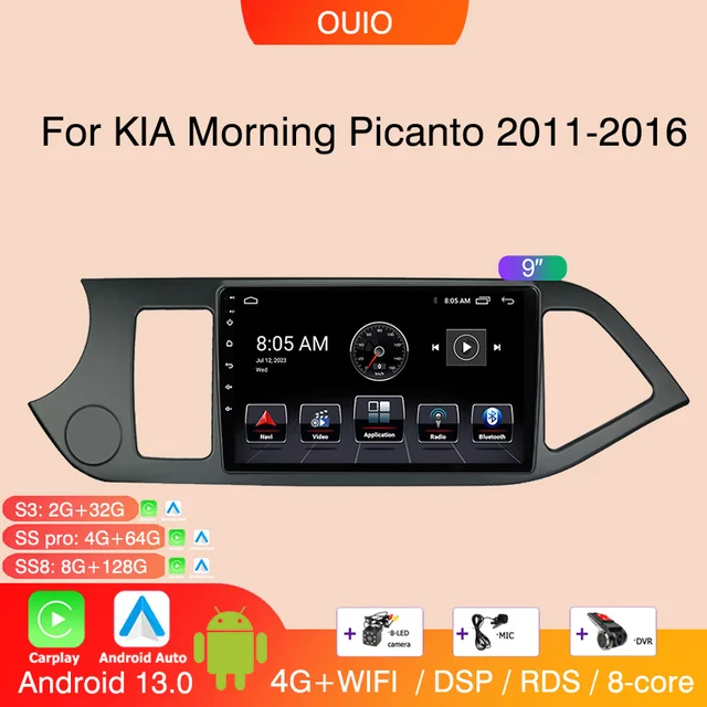 8GB+128GB 4G Android 13 Radio For KIA PICANTO Morning 2011-2016 Car stereo Multimedia Player Carplay Auto GPS navigation 2DIN
