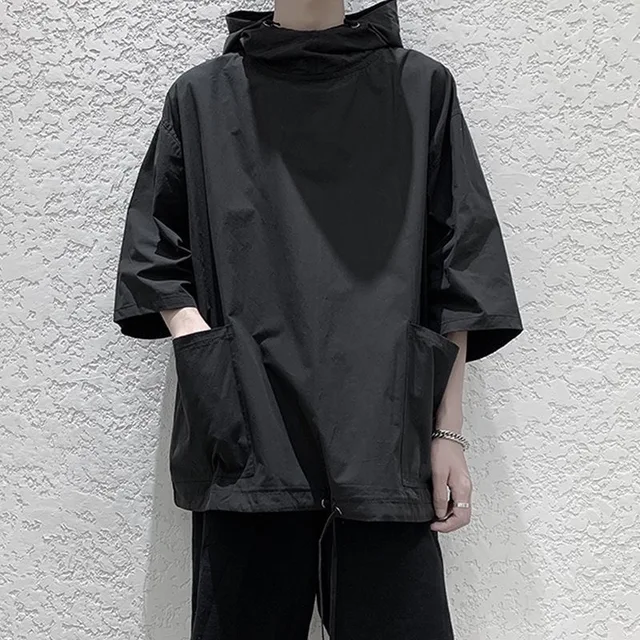 Trendy Summer Hooded Sweatshirt Men's Harajuku Style Loose Fit Capucha Short Sleeves T-shirt Thin Jacket Five Minute Sleeves 1