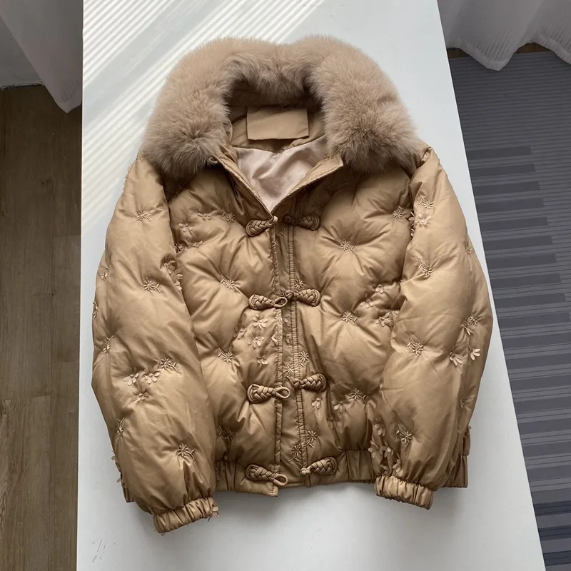 2023 New Winter 90% Duck Down Coat Women's Elegant and Warm True Fox Fur Collar Single Breasted Coat Hooded Jacket