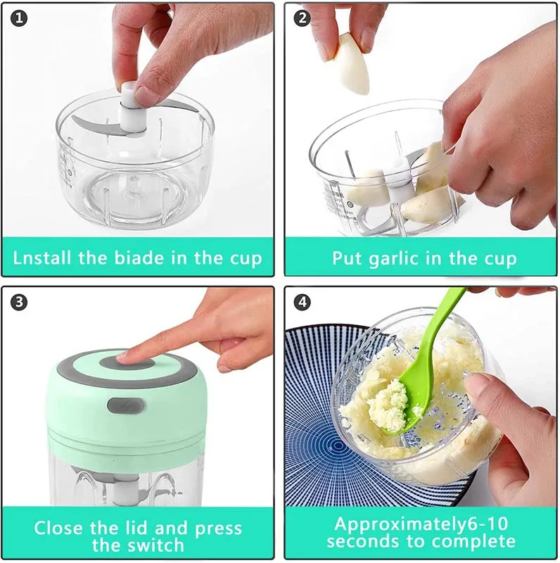 250/100ML Garlic Mincer USB Charging Powerful Mini Electric Garlic Chopper Portable Garlic Crusher Kitchen Food Chopper Unisex