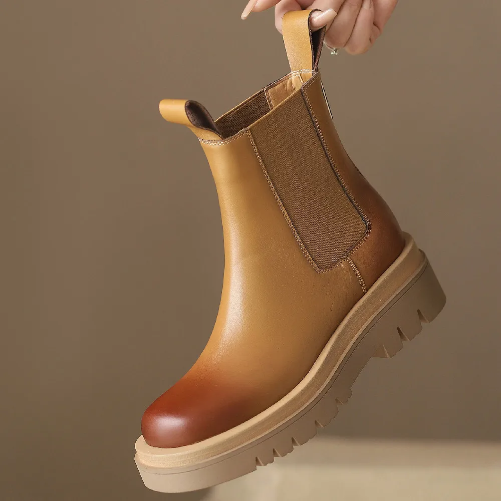 

Women's genuine leather elastic fabric patchwork zip thick sole platform flats autumn chelsea boots casual female punk shoes
