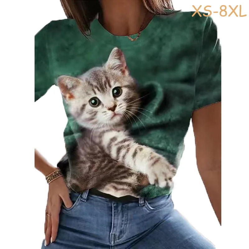 

2023 Fashion Womens Clothing XS-8XL Personalized Cat Printing Shirt Loose Casual Short Sleeved Round Neck T-shirt Top All Match