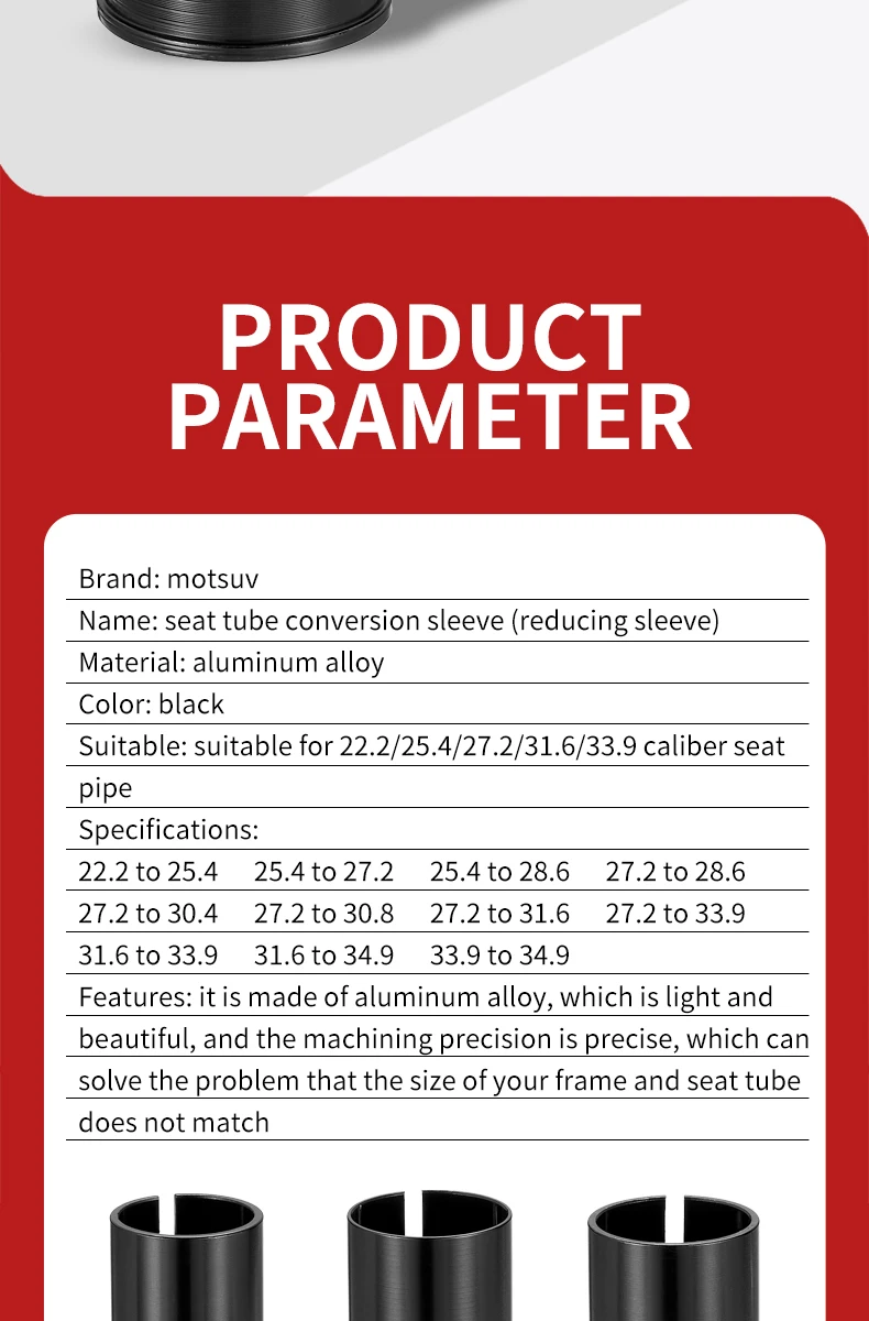 Description Picture 3 of itemMOTSUV Aluminum Alloy Bicycle Seat Post Tube Seatpost Sleeve Bike Reducing Sleeve Bushing Adapter Parts 27.2-28.6/30.4/30.9/31.6
