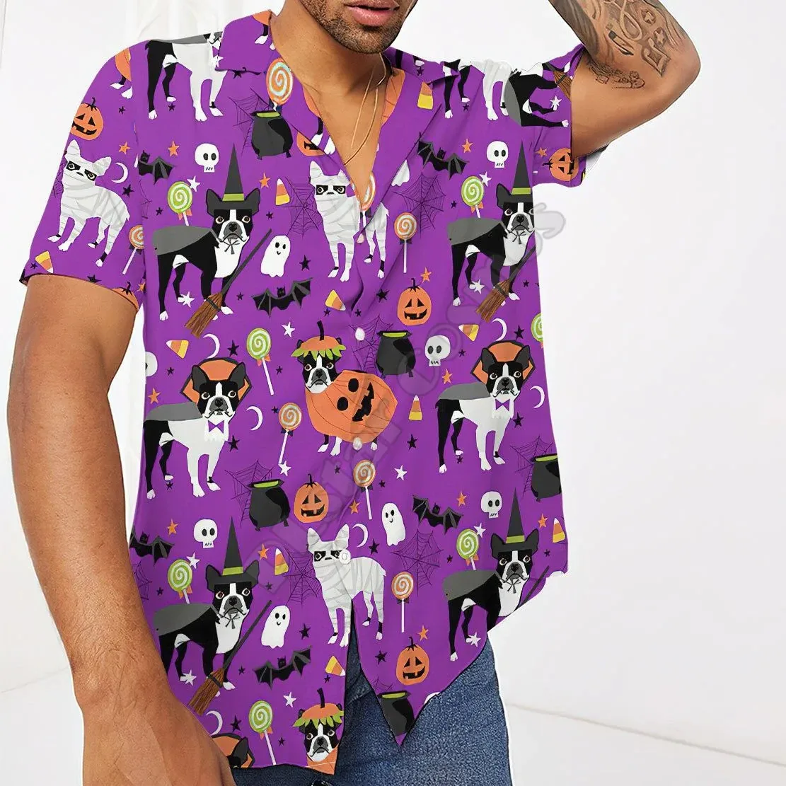 Boston Terrier Halloween Hawaii Shirt 3D Printed Beach Hawaiian Short Sleeve Streetwear Oversized Camisa Social Chemise Homme