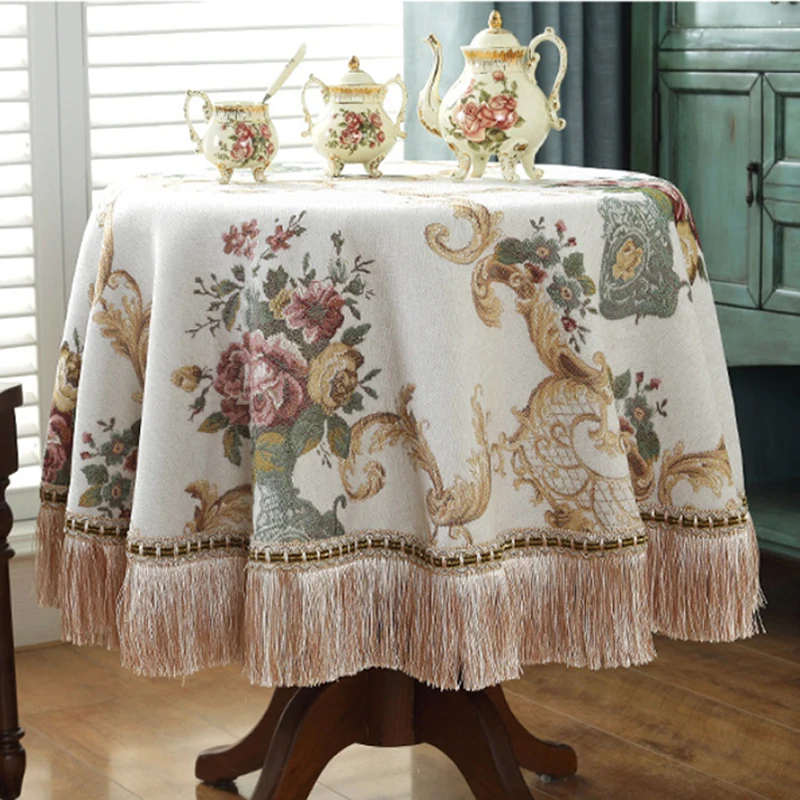 

European Dustproof Tassel Table Cloth Embroidery Tablecloth Round Dining Desk Retro Table Cover Cloth Living Room Decor 