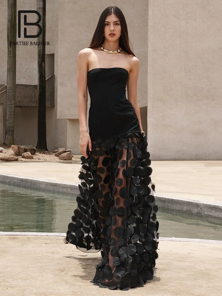 PB Women Off Shoulder Lace Bandage Long Prom Dress with 3D Circle Embellishments Mesh Patchwork Backless Party Evening Gown