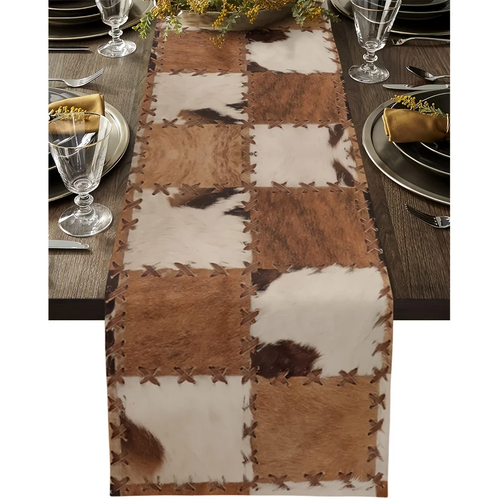 Western Cowhide Leather Linen Table Runner Dresser Scarf Decor Farmhouse Holiday Kitchen Dining Table Runners Home Party Decor
