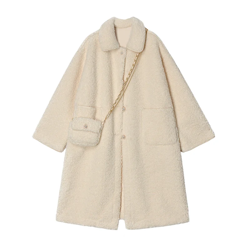 

Casual Plush Jacket 2023 Ladies Pure Color Loose Casual Mid-length Ladies Double-breasted Notch Female Jacket [Free Bag]