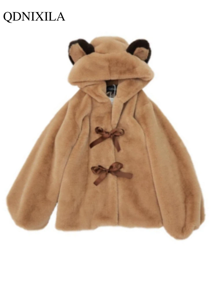 

Winter Warm Women's Imitation Rabbit Fur Coat Korean New Thickened Loose Faux Fur Cute Bear Ear Hooded Plush Jackets for Women