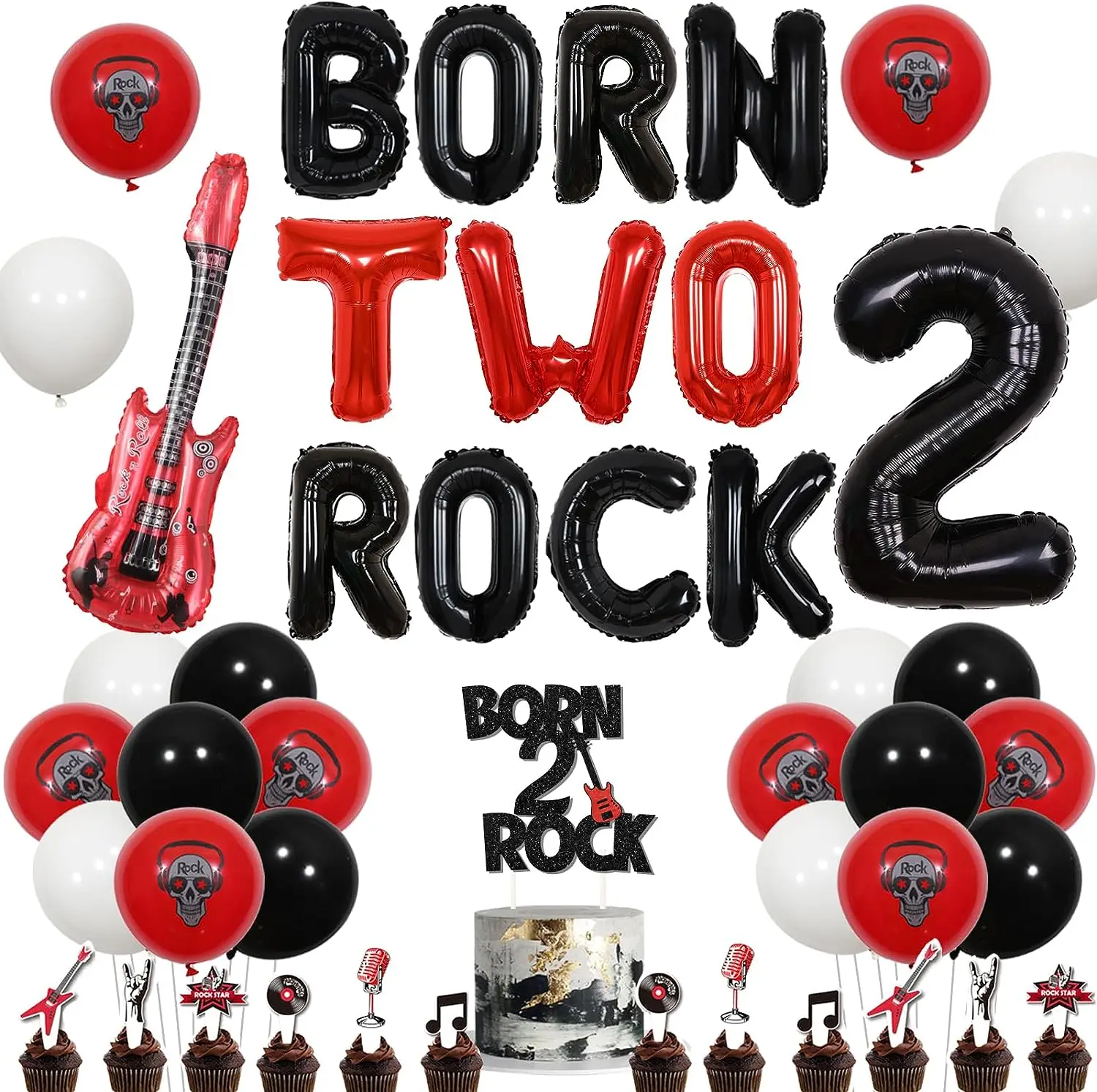 

Born To Rock Party Decorations Rock and Roll 2nd Birthday Supplies Red Black Balloon Guitar Cake Toppers for Music 2 Two Years