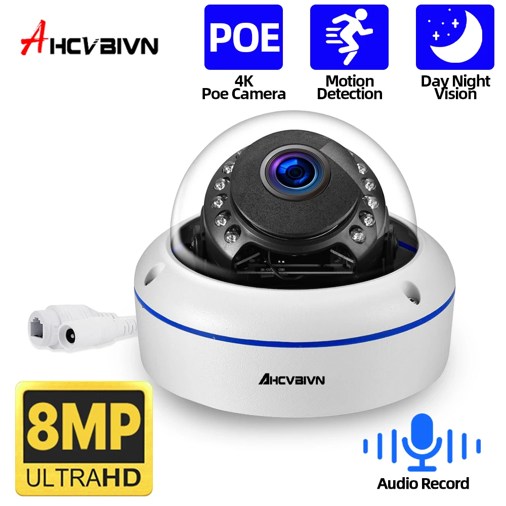 

Wired 8MP CCTV POE Dome Security Camera Built in Microphone Audio Outdoor IP66 Weatherproof Night VIsion Motion Detection HD Cam