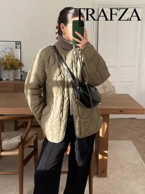 TRAFZA Autumn New Outerwear Women Solid Color Oversized Quilted Jacket Female Single Breasted Pockets Warm Fashion Coats Parkas Excellent product recommendation