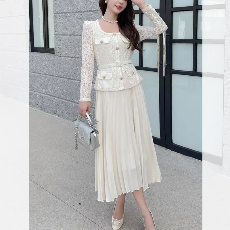 

Fashion Women Birthday Party Dresses Elegant Square Collar Lace Long Sleeve Belt Office Lady Pleat Dress Vintage Solid Color