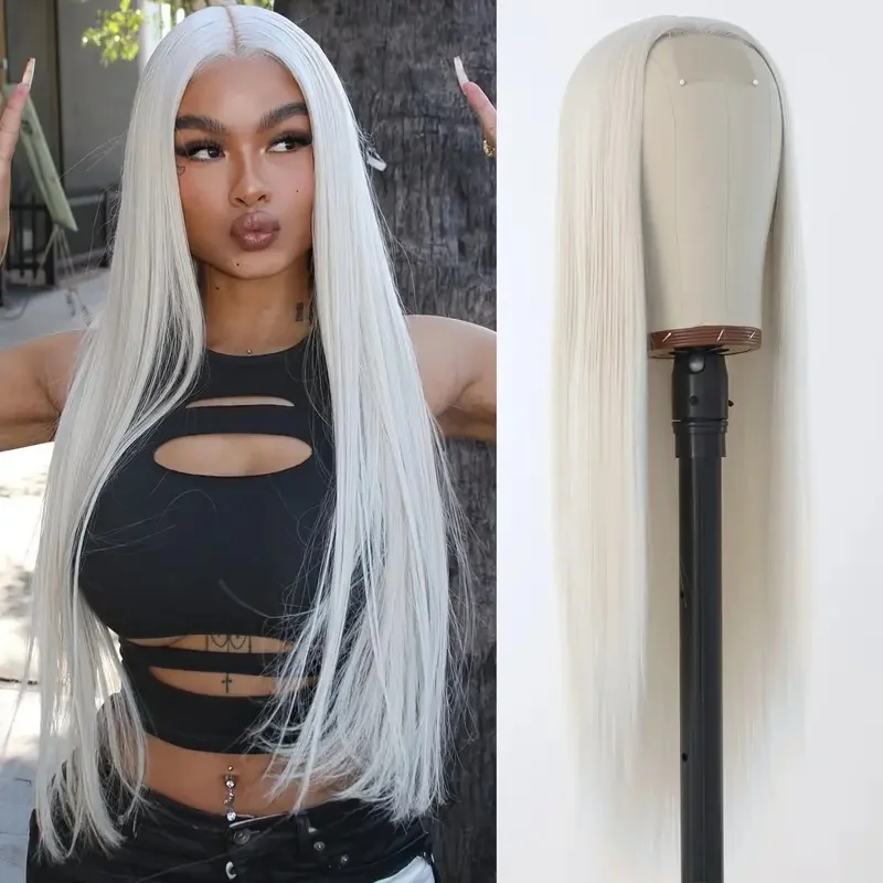 Platinum White Color Synthetic Heat Resistant 13x3 Lace Frontal Long Silky Straight Hair Wig For Women Cosplay Wig High Density