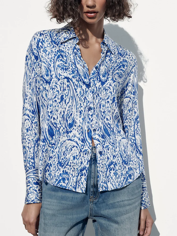 

Clothes For Women Shirts 2023 Fashion Vintage Print Shirt Long Sleeve Top Lapel Collar Front Button Up Elegant Shirt Womens Tops