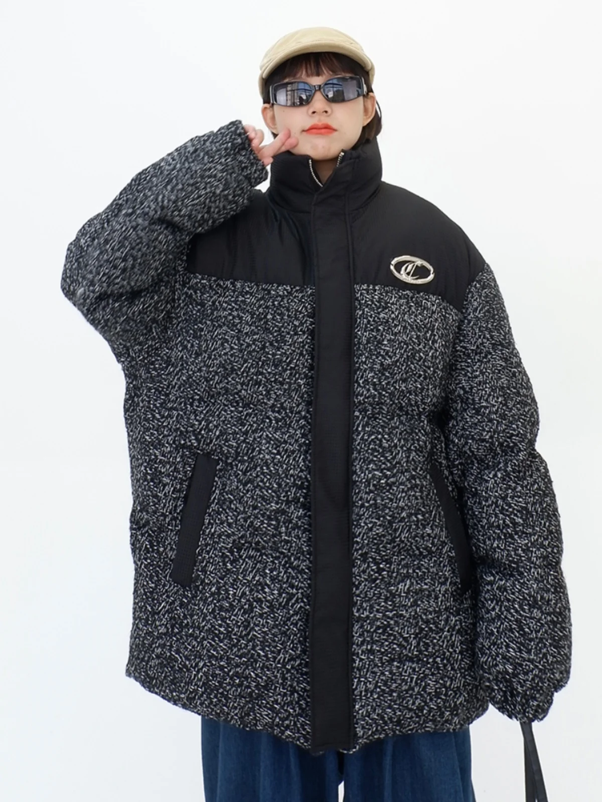 

Трикотажные контрастные хлопковые куртки с воротником-стойкой для женщин, новинка зимы 2023, свободные утепленные куртки bf couple