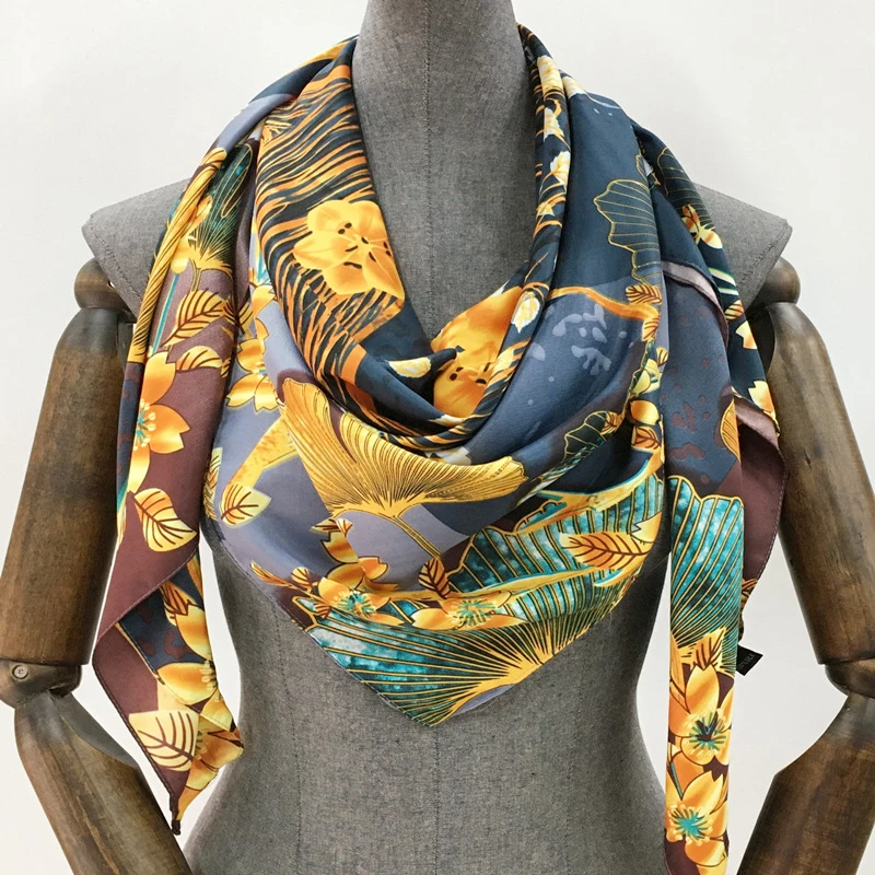 Luxury Brand 100% Twill Silk Scarf Square 130*130cm Scarf Scarves New Design Print Kerchief Women Neck Shawl Wraps Echarpe Hijab 6