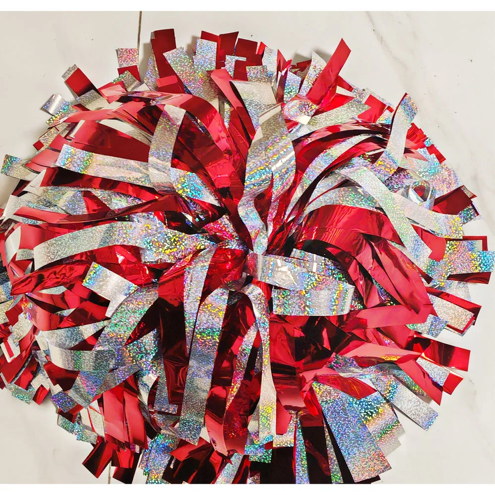 Professional Cheerleader Pom Pom,baton handle,Metallic red mix holographic silver, size and color