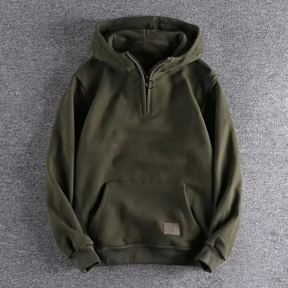 

Men Hoodie Solid Color Hooded Sweatshirt Thickened Hooded Men's Winter Hoodie with Zipper Decor Elastic Cuff Big Pocket Warm