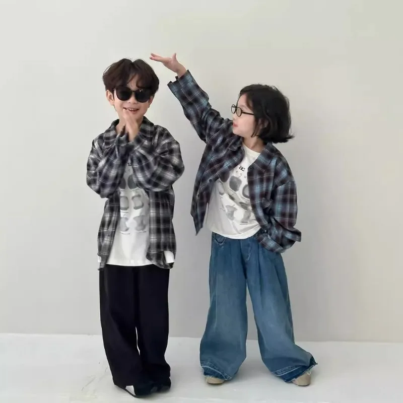 Autumn sibling clothes Korean style Boys and girls Flocking plaid shirts Children's casual all-match loose long sleeve Tops