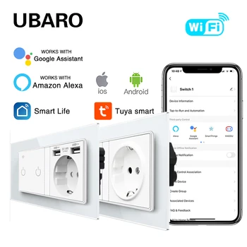 UBARO EU Smart Home Wifi Switch Socket Glass Panel Sockets and Switches Works with Google Home Alexa Voice Remote Timing Control