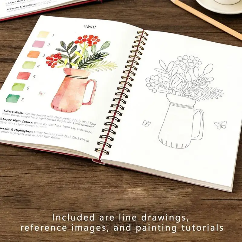 Quaderno a spirale per acquerello con fiori, pagine a carta spessa, guide per principianti di arte, forniture per la pratica quotidiana del disegno - immagine 5