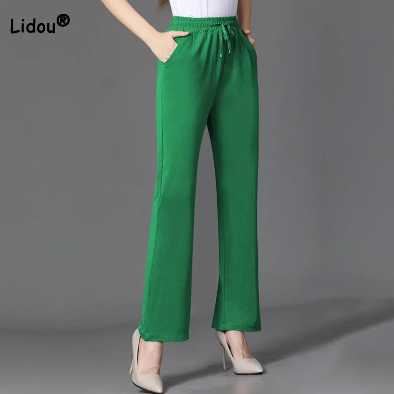Summer Ice Floss Drawstring High Waist Casual Nine Points Womens Trousers Fashion Office Lady Solid Color Loose Wide Leg Pants new summer chiffon thin small suit sun protection clothing women jacket short nine points sleeve leisure wild shawl coat lady