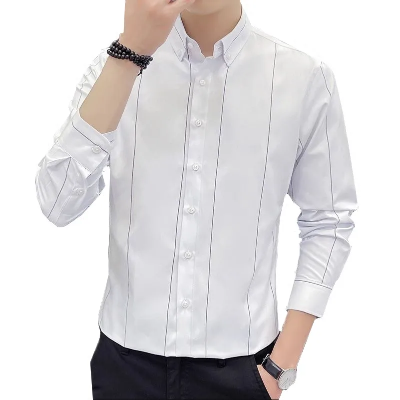 

Large Size 5XL Men Business Stripe Shirt Fashion Men's Wedding Prom Party Dress Long Sleeve Slim Fit Top