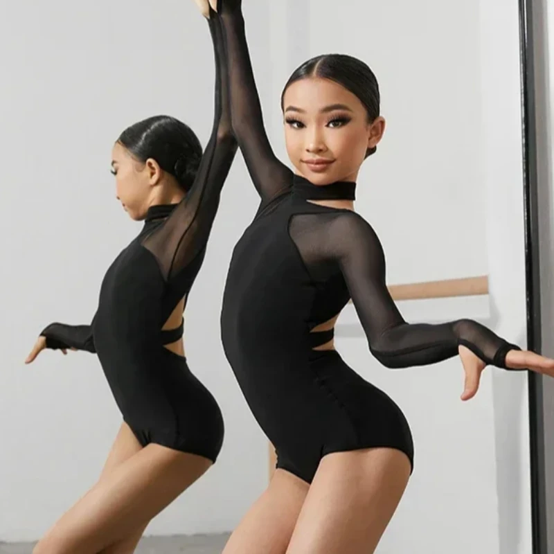 Child Latin Dance Bodysuit Clothing Jumpsuit For Girls Long Sleeves Leotard Tops Ballroom Samba Cha Cha Dance Performance Wear dance bodysuit