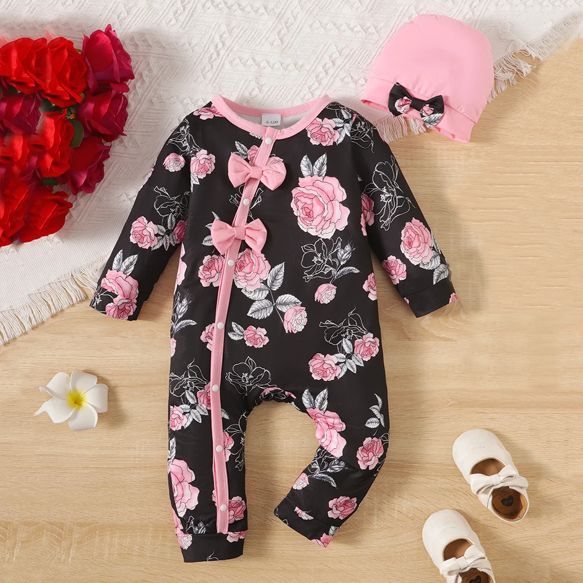 BabyGirlFloralPrintedButtonUpLongSleeveBodysuitWithBowknot