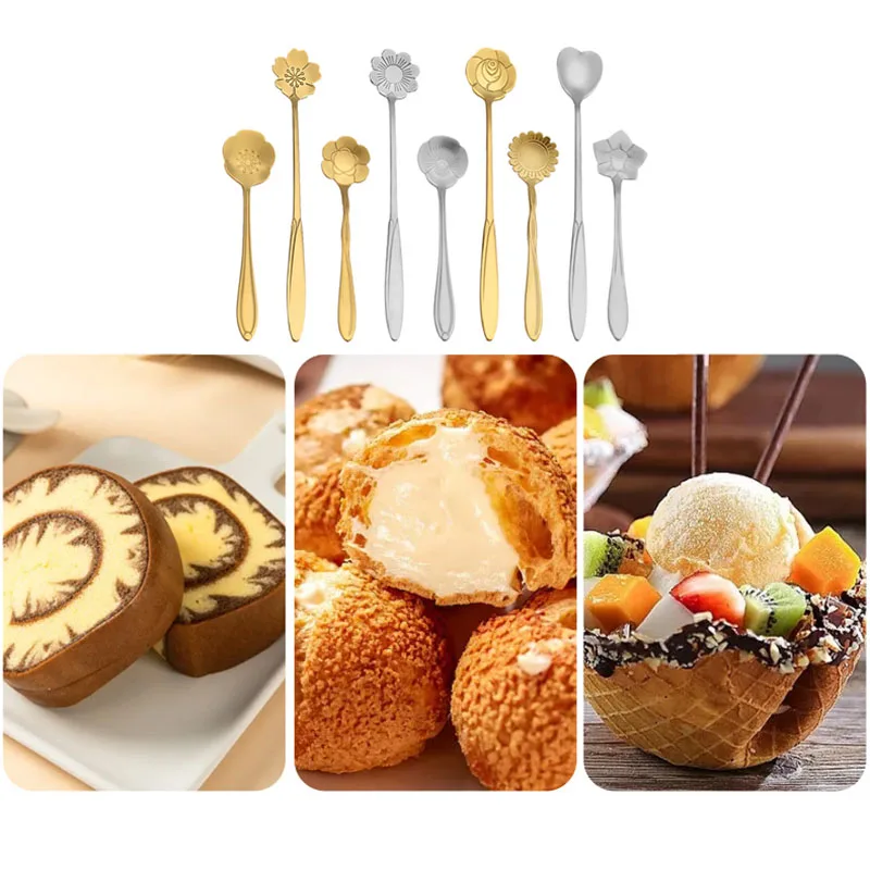 Set 8 Cucchiaini Da Caffè In Acciaio Inox Con Forme Fiori - Dorati, 12.5cm, Per Gelato, Zucchero, Dessert - Foto 4