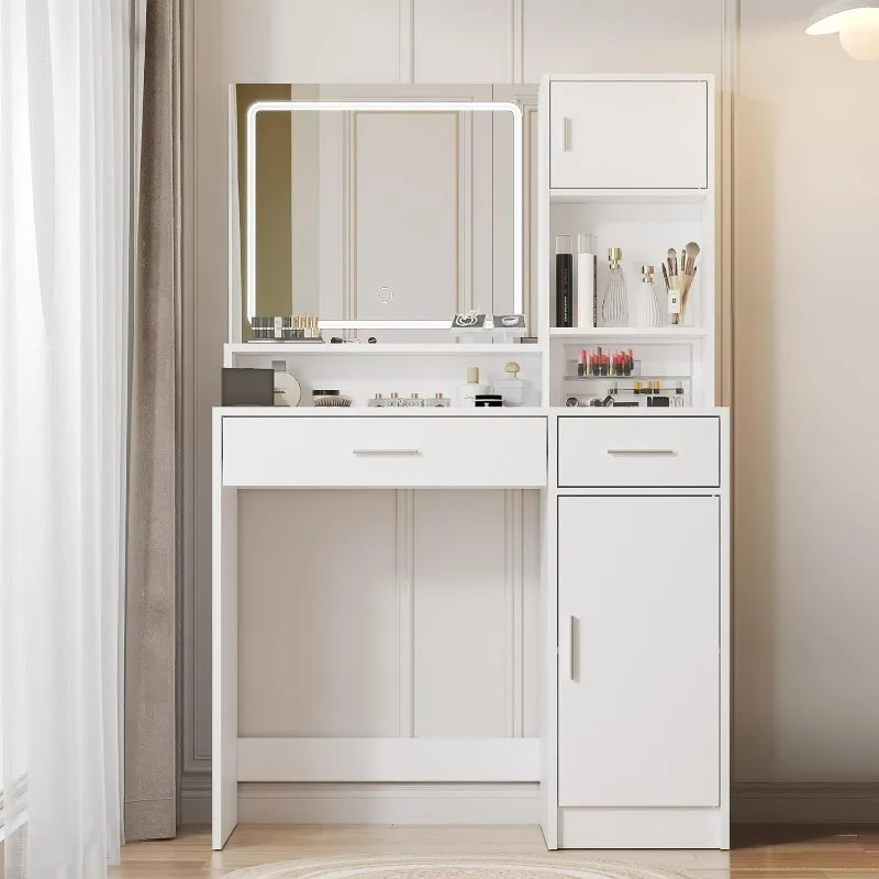 

Vanity Desk with Mirror and LED Light Strip,Dressing Table with Large Drawer, 3 Level Storage Dresser
