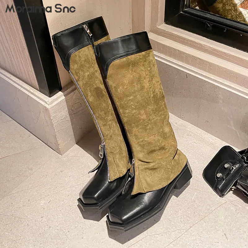 

Niche Design Color-Blocked Trouser Boots Square Toe Irregular Personality Knee-High Boots Thick Heel Zipper Knight Boots