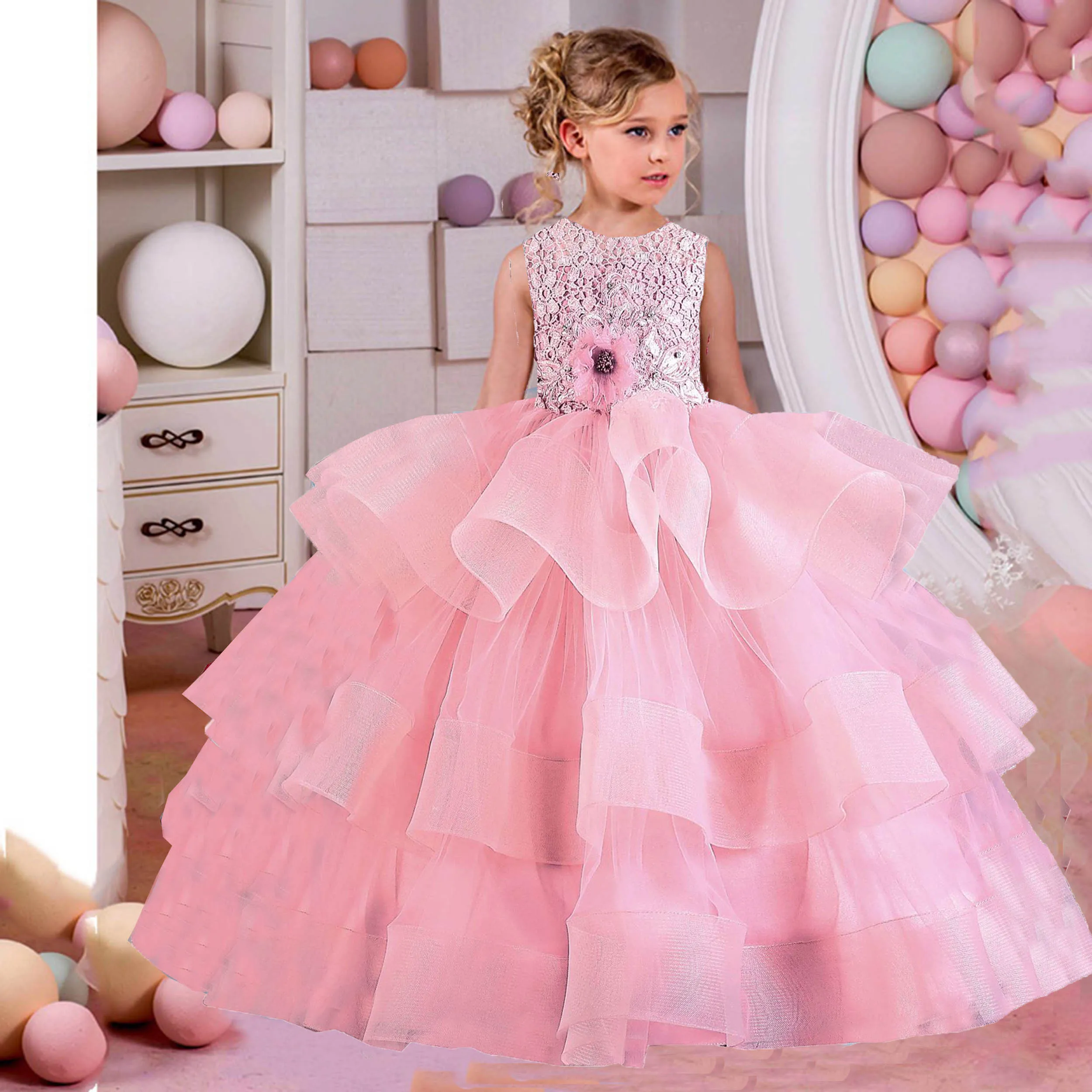 

Little Big Girls Lace Appliqed Wedding Flower Girl Birthday Party Pageant Formal Puffy Gown AC109