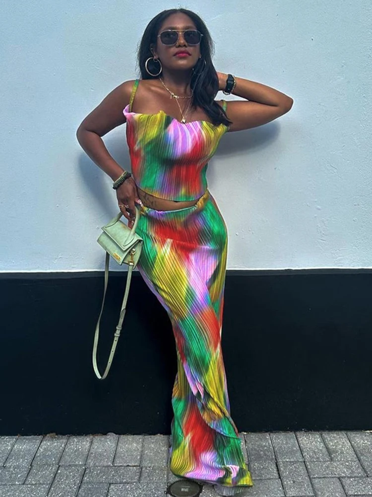 

Dulzura/Женская сексуальная ребристая одежда Y2K с принтом зебры, комплект из 2 предметов, без рукавов, с открытой спиной, облегающие Короткие топы юбка макси, комплект для клуба