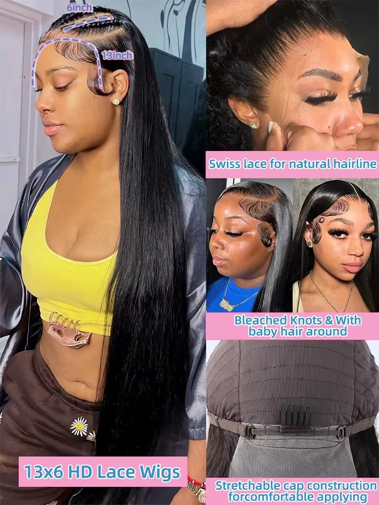 30 36 40 Inch 13x4 13x6 HD Transparent Bone Straight Lace Frontal Wigs 5x5 Glueless Wear and Go Human Hair Wig For Women