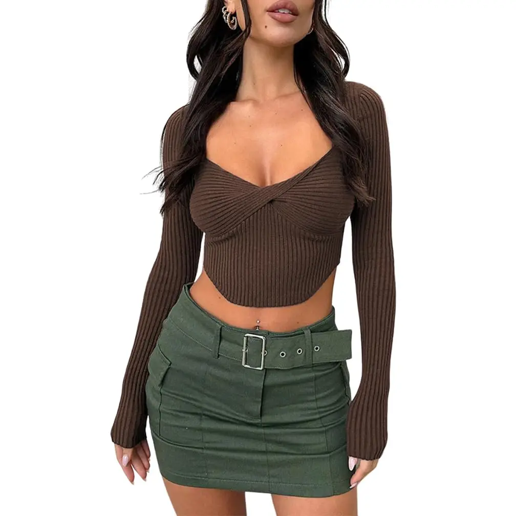 

DZ-DZ Women Sexy Twist Front Knitted Crop Top Long Sleeve Square Neck Solid Slim Fit Sweater 90s Y2k Sexy Ribbed Pullover Top