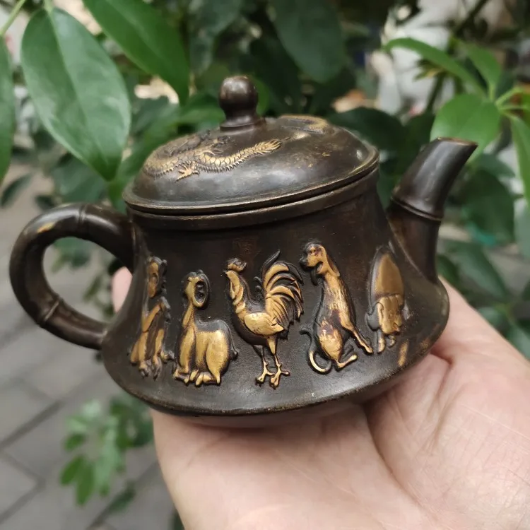 

Antique bronze collection antique brass gilded zodiac teapot hip flask patina old home tea ceremony
