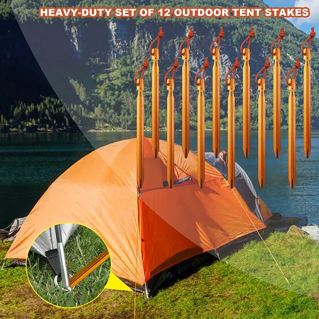 12 Pcs Tent Stakes Ground Metal Camping Aluminum Tent Pegs Lightweight  Heavy Duty Tent Stakes for Camping Hiking Accessories