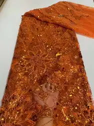 Nigerian Lace Fabric 2023 High Quality Embroidery African Orange Beads Sequins Tulle Latest French Lace Fabric For Wedding Party