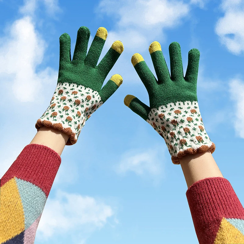 

Girls Women's Touch Screen Gloves Knitted Florals Autumn Winter Warm Outdoor Activities Cycling Accessories