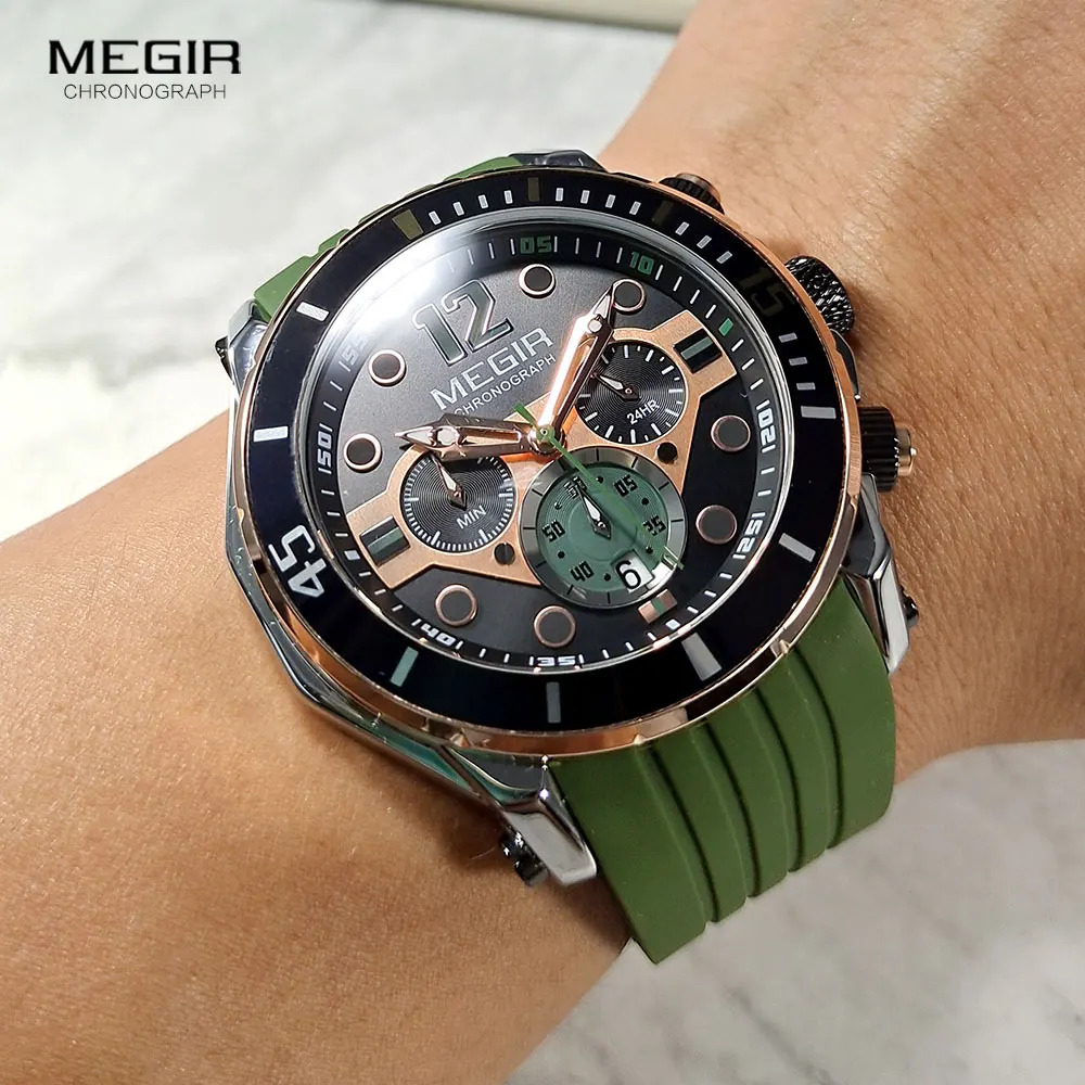 MEGIR Fashion Waterproof Quartz Watches for Men Luxury Military Sport Chronograph Wristwatch Silicone Strap часы мужские 2206 уаз 3151 2206 ч б цв сх рук по рем