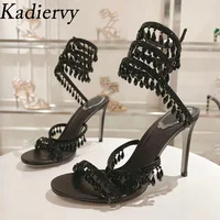Sandales gladiateur à talons hauts pour femmes, sexy, chaîne de cristal, perles, salle, ficelle autour, sangle de rinçage, chaussures de mariage, sandales d'été 2